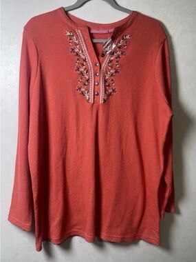 Woman Within Coral Ribbed Long-Sleeve Henley with Floral Embroidery